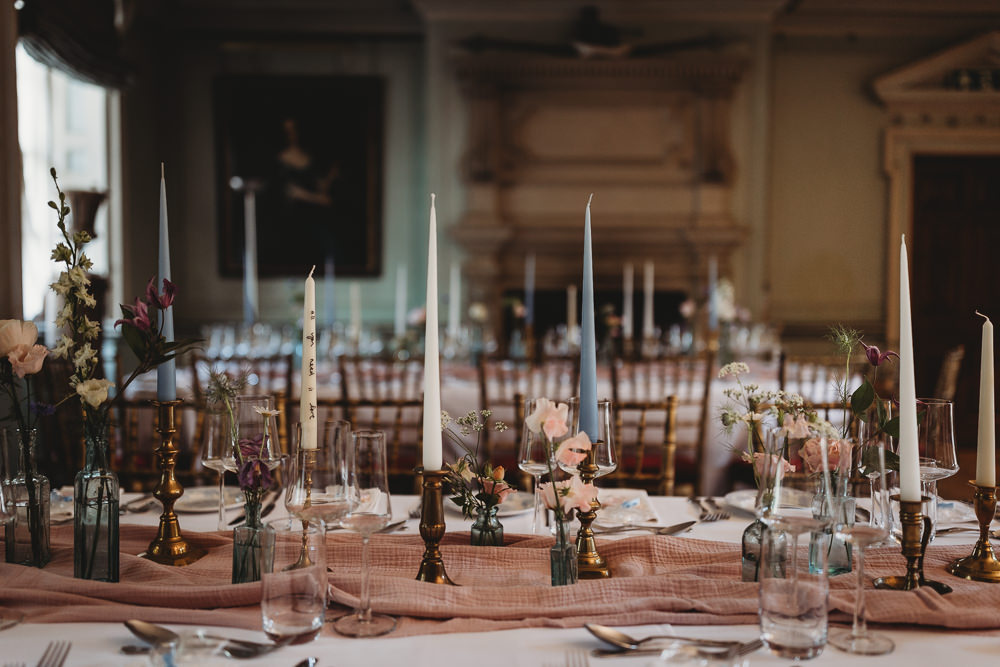 Table Decor Pink Cloth Candle Sticks Flowers Island Hall Wedding ThymeLane Photography