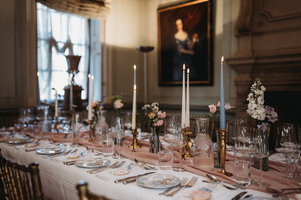 Table Decor Pink Cloth Candle Sticks Flowers Island Hall Wedding ThymeLane Photography