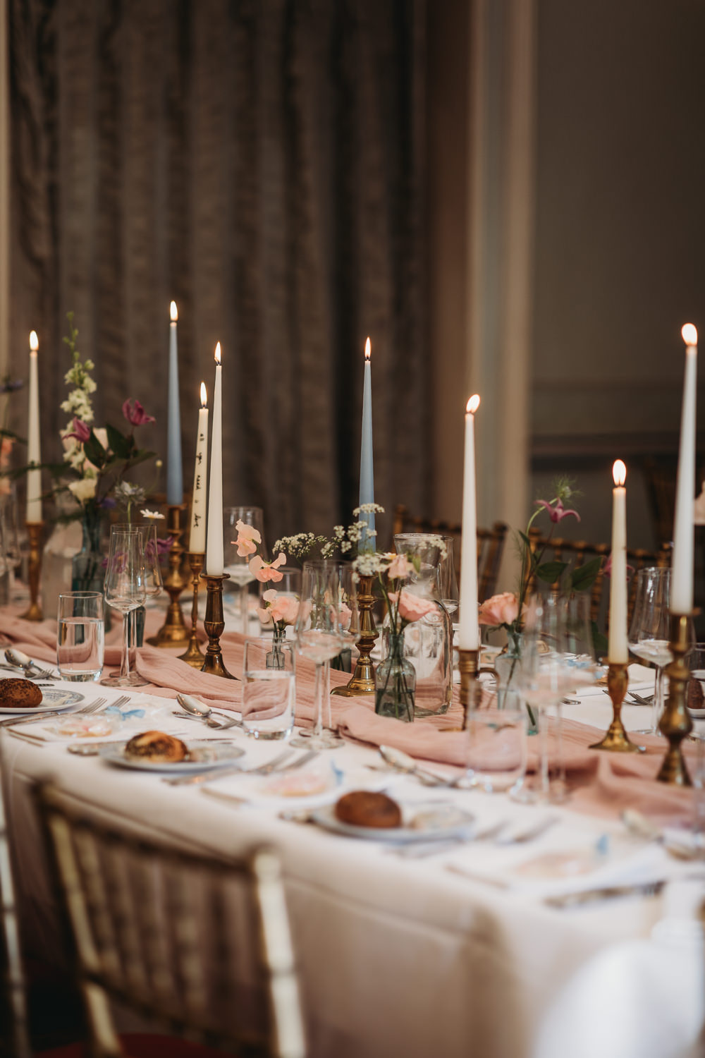 Table Decor Pink Cloth Candle Sticks Flowers Island Hall Wedding ThymeLane Photography