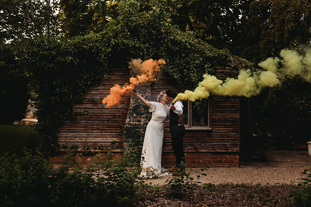 Smoke Bomb Yellow Orange Island Hall Wedding ThymeLane Photography