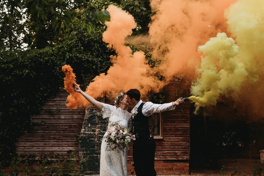 Smoke Bomb Yellow Orange Island Hall Wedding ThymeLane Photography