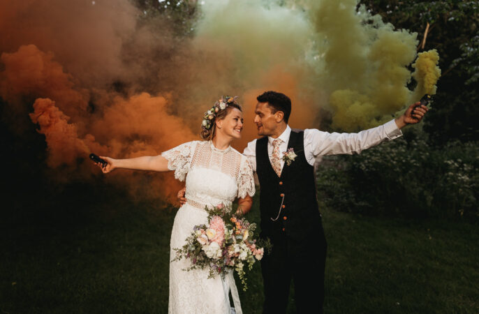 Smoke Bomb Yellow Orange Island Hall Wedding ThymeLane Photography