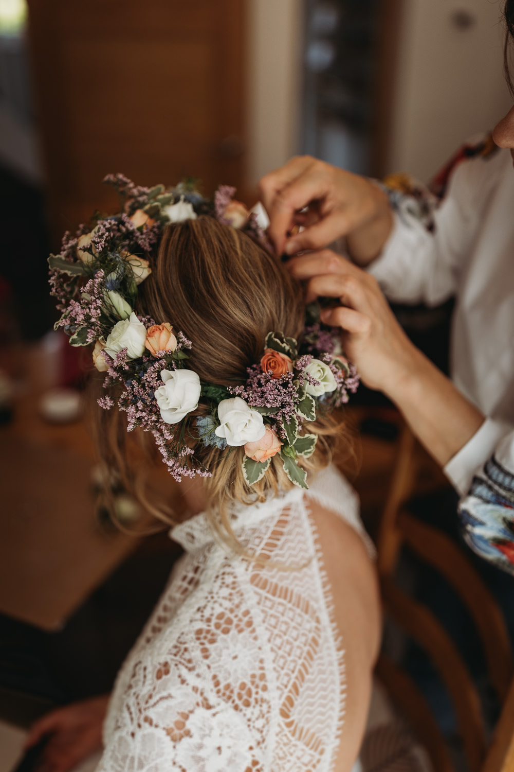 Bride Bridal Flower Crown Hair Up Do Island Hall Wedding ThymeLane Photography