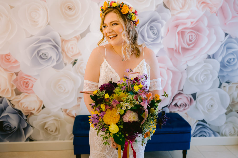 Bride Dress Gown Lace Boho Flower Crown Colourful Bouquet Flowers Meadowscape Wedding Rich Howman Photography