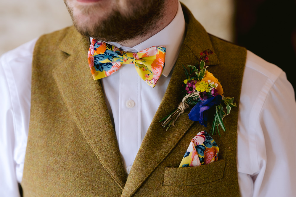 Groom Tweed Suit Colourful Bow Tie Buttonhole Meadowscape Wedding Rich Howman Photography