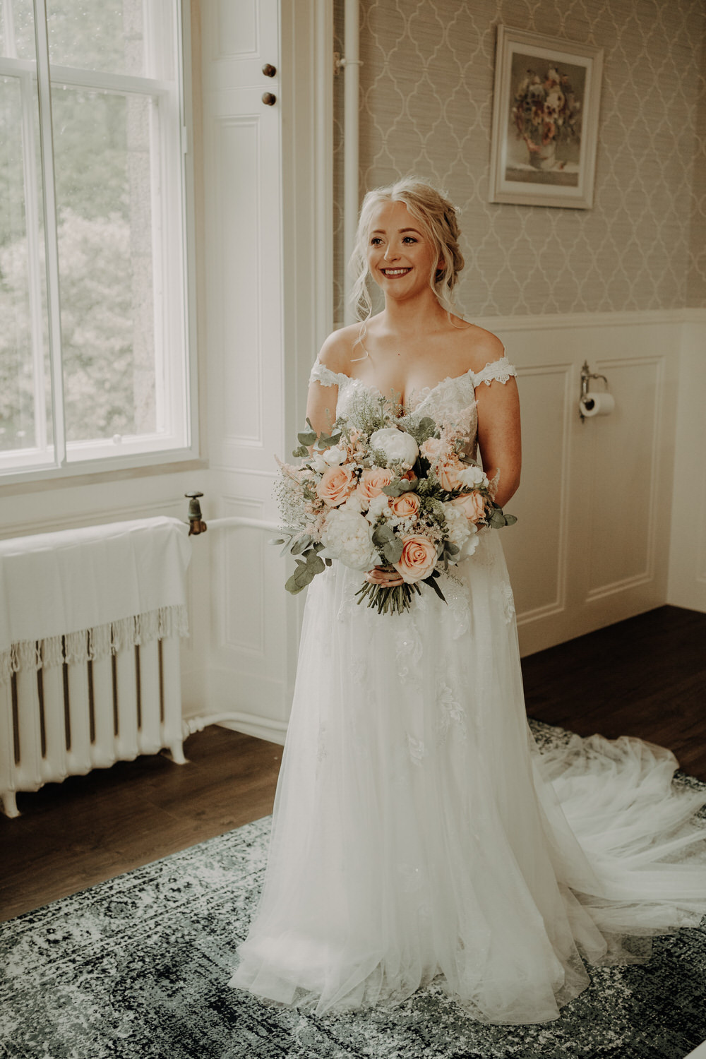 Dress Gown Bride Bridal Off Shoulder Tulle Lace Train Netherdale House Wedding Danielle Leslie Photography