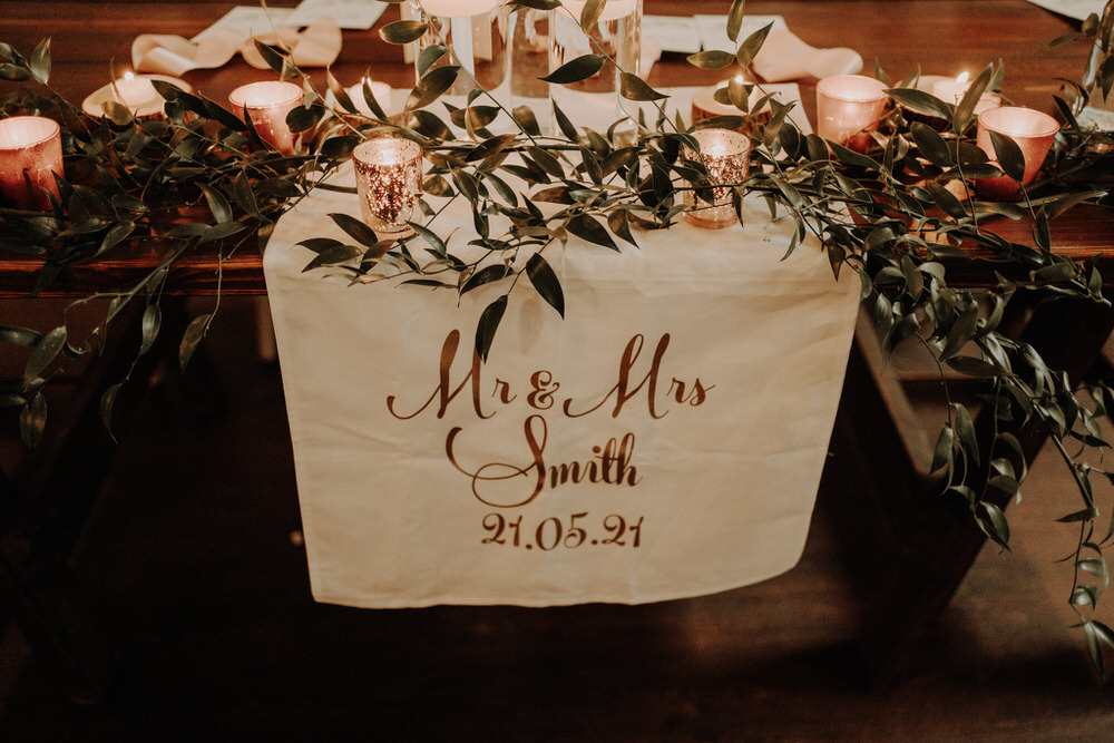 Top Table Banner Sign Greenery Candles Netherdale House Wedding Danielle Leslie Photography