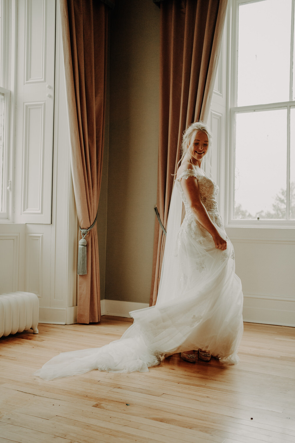 Dress Gown Bride Bridal Off Shoulder Tulle Lace Train Netherdale House Wedding Danielle Leslie Photography