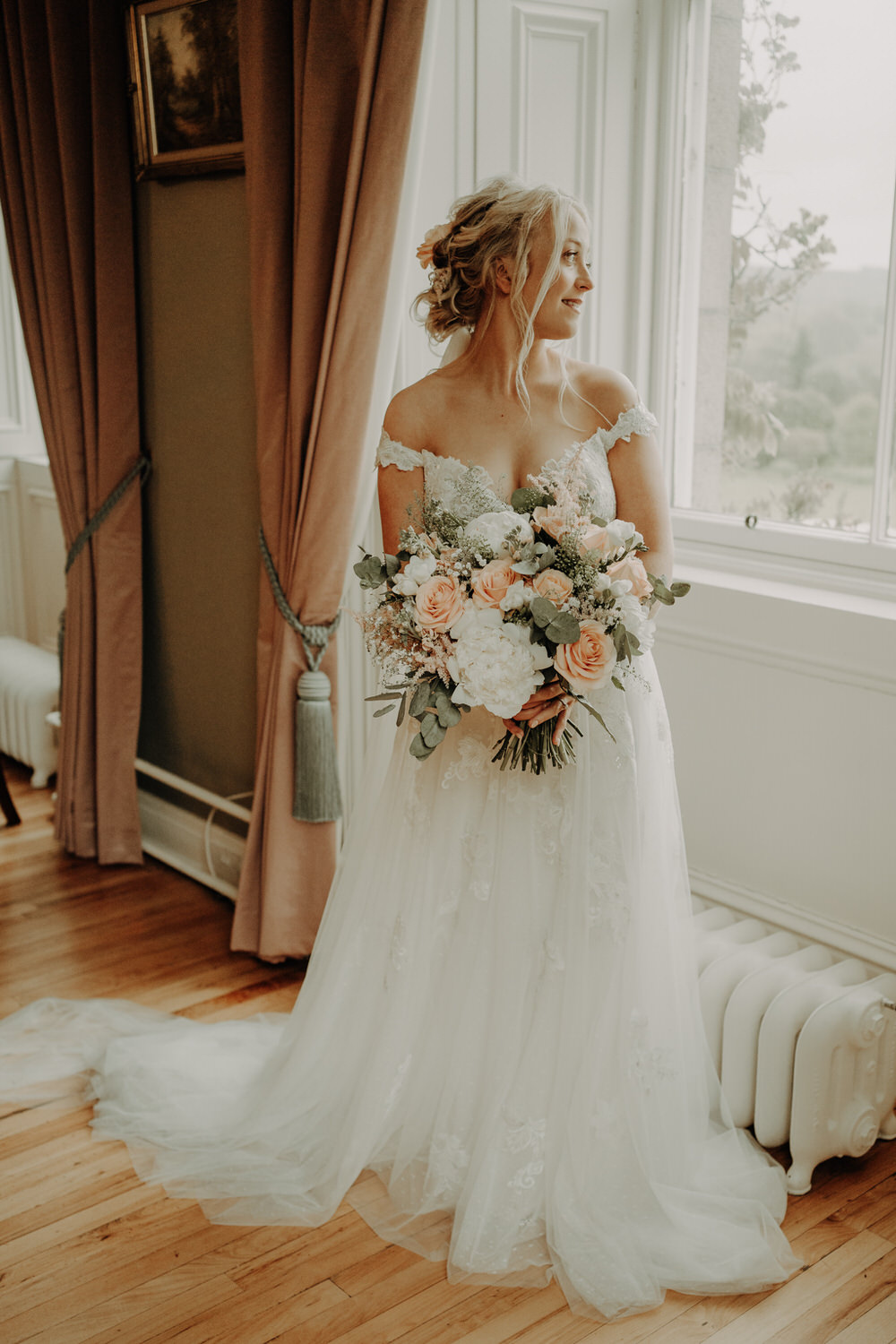 Dress Gown Bride Bridal Off Shoulder Tulle Lace Train Netherdale House Wedding Danielle Leslie Photography