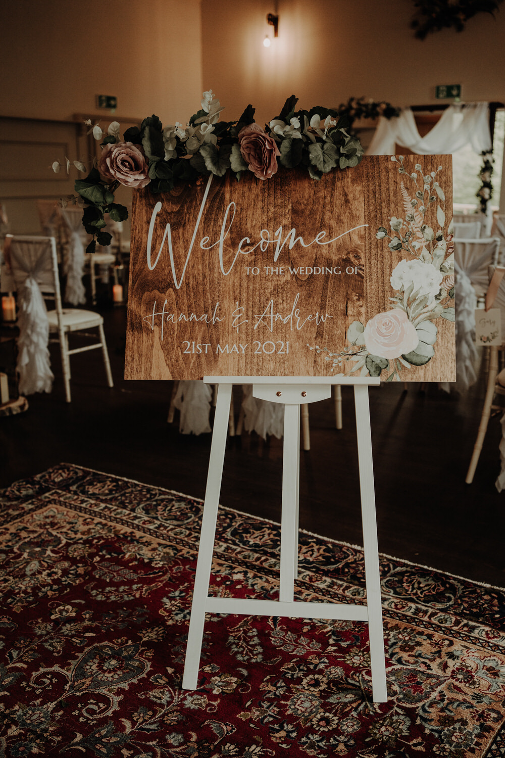 Welcome Sign Wooden Greenery Netherdale House Wedding Danielle Leslie Photography