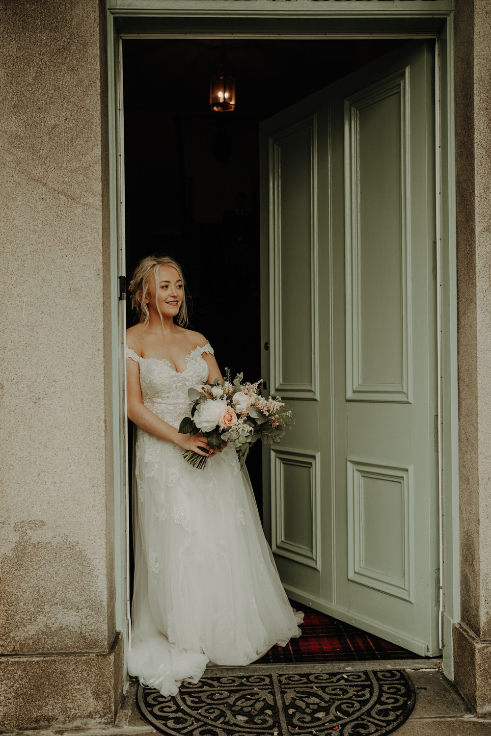 Dress Gown Bride Bridal Off Shoulder Tulle Lace Train Netherdale House Wedding Danielle Leslie Photography