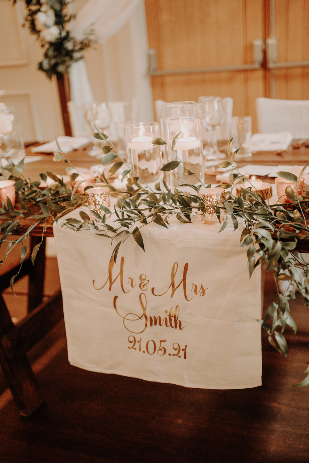 Top Table Banner Sign Greenery Candles Netherdale House Wedding Danielle Leslie Photography