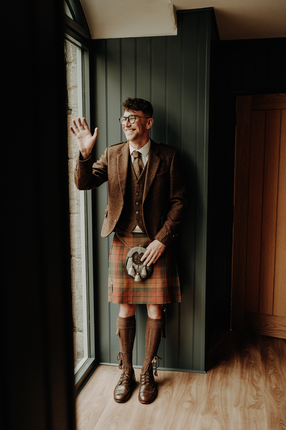 Groom Brown Suit Wool Tartan Kilt Glasses Netherdale House Wedding Danielle Leslie Photography