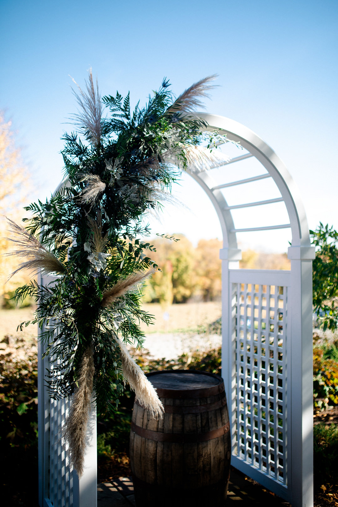 Wooden Arch Backdrop Flowers Greenery Pampas GRass Pittsburgh Fall Wedding Alexa Frankovitch Photography
