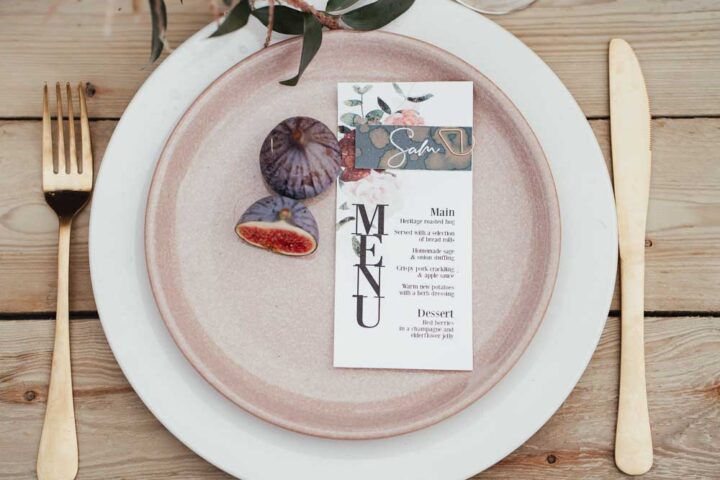 Place Setting Pink Plate Gold Cutlery Stanlake Park Wedding Suzy Elizabeth Photography