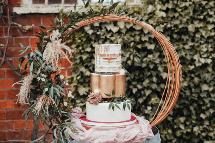 Metallic Gold Cake Hoop Decor Stand Drip Stanlake Park Wedding Suzy Elizabeth Photography