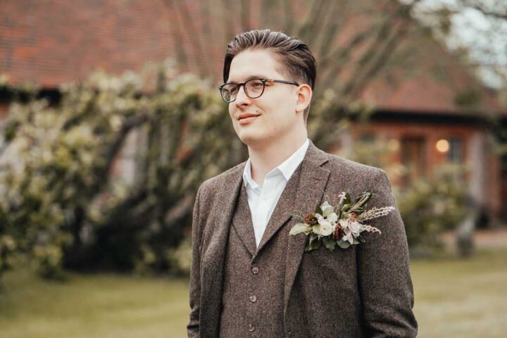 Groom Brown Tweed Suit Stanlake Park Wedding Suzy Elizabeth Photography