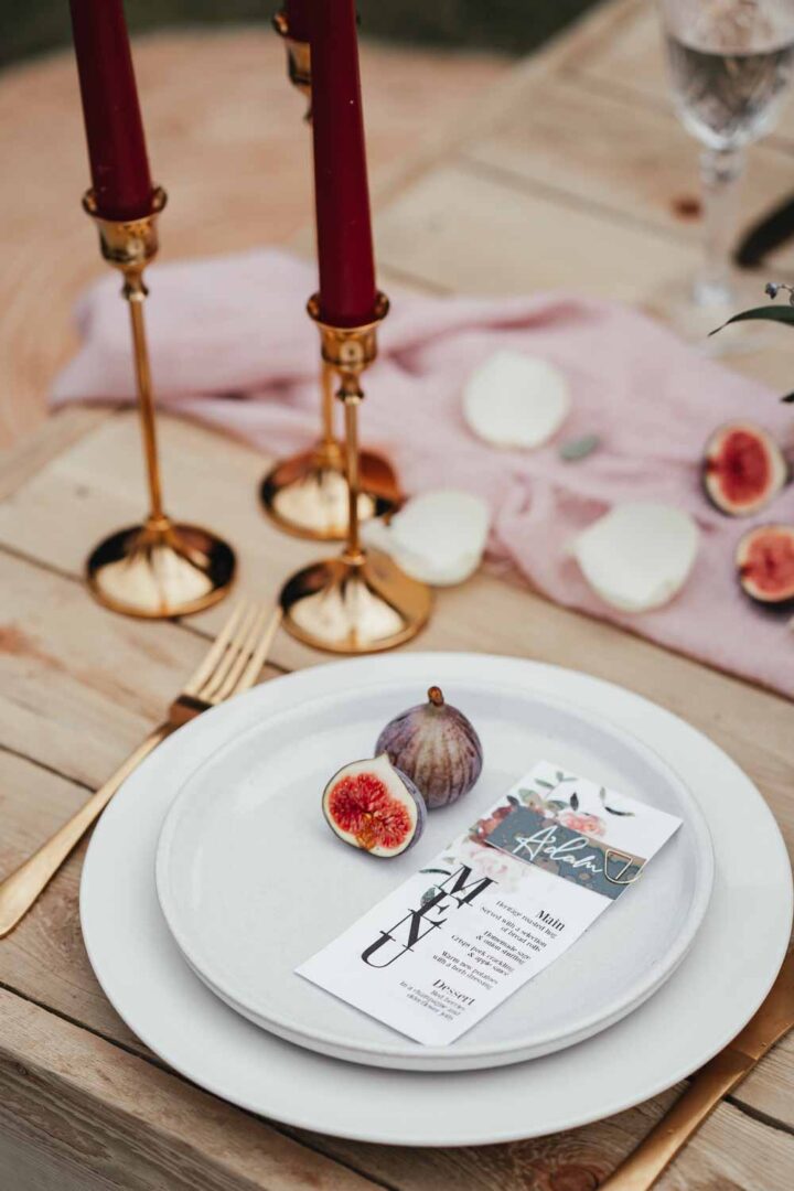 Place Setting Pink Plate Gold Cutlery Stanlake Park Wedding Suzy Elizabeth Photography