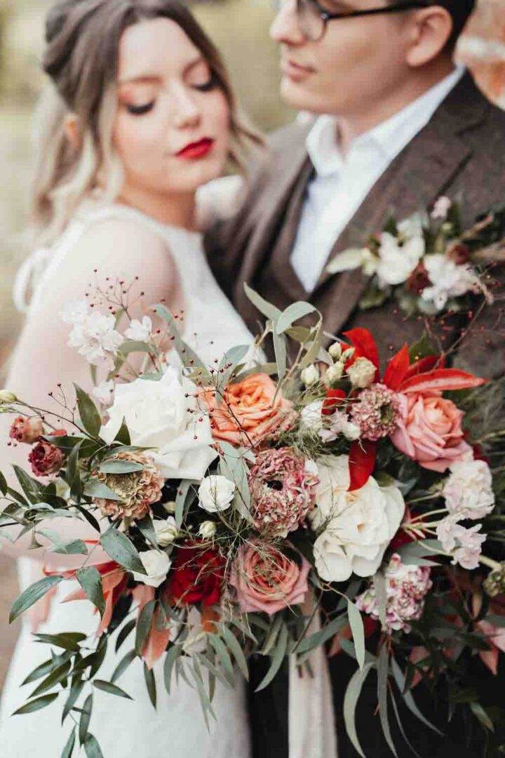Bouquet Flowers Bride Bridal Greenery Red Rose Stanlake Park Wedding Suzy Elizabeth Photography