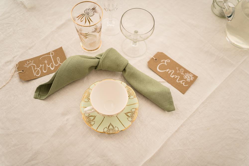 Vintage Cup Green Napkin Place Setting Suffolk Field Wedding Him and Her Wedding Photography