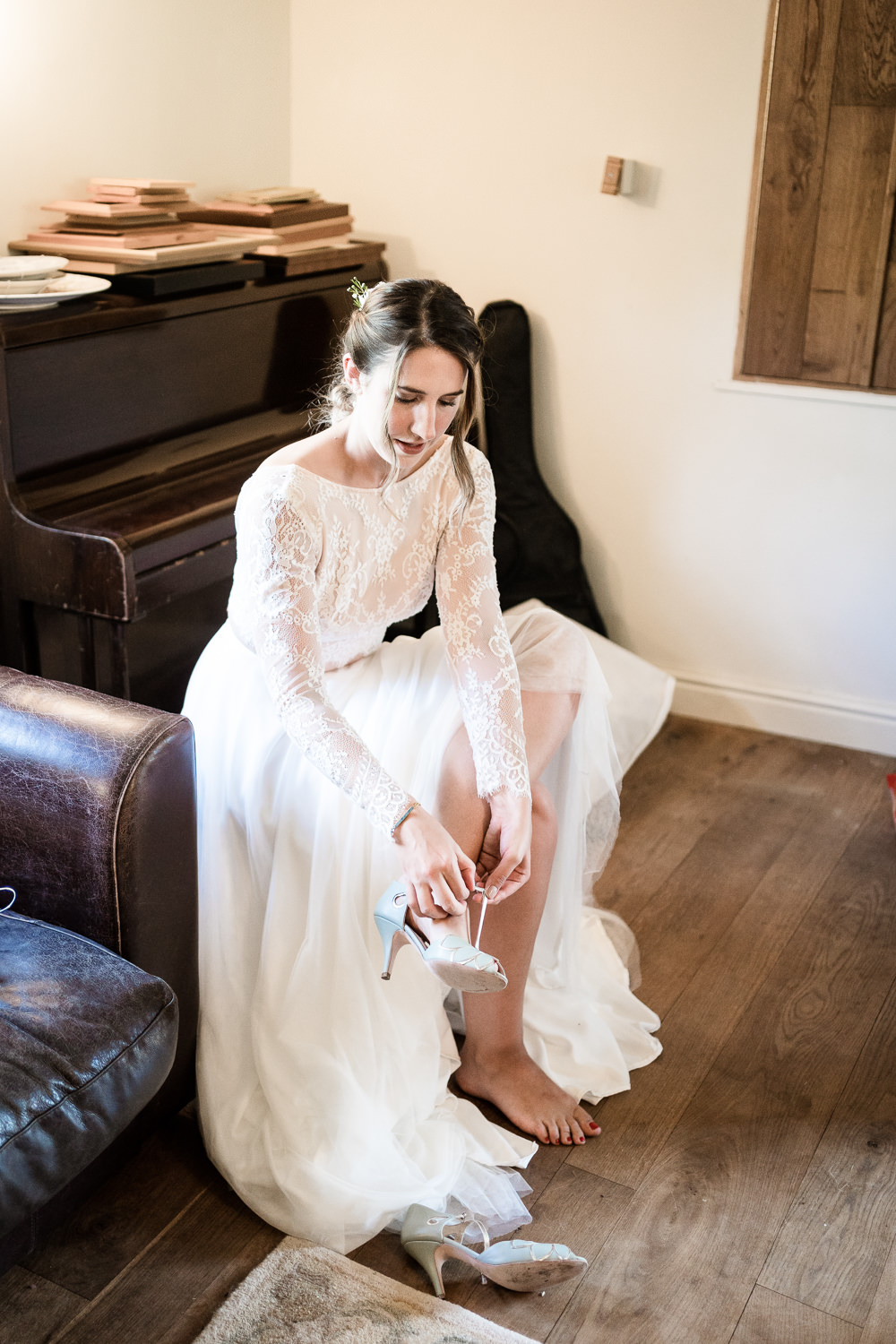 Dress Gown Bride Bridal Long Lace Sleeves Top Tulle Skirt Suffolk Field Wedding Him and Her Wedding Photography