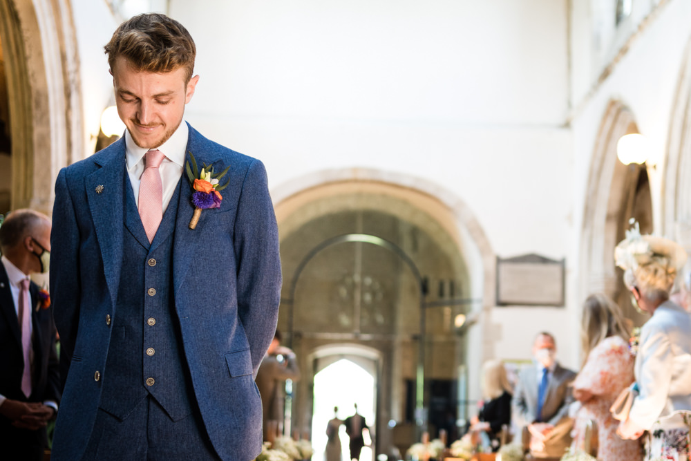 Blue Suit Groom Pink Tie Swaffham Prior Village Hall Wedding Him and Her Wedding Photography