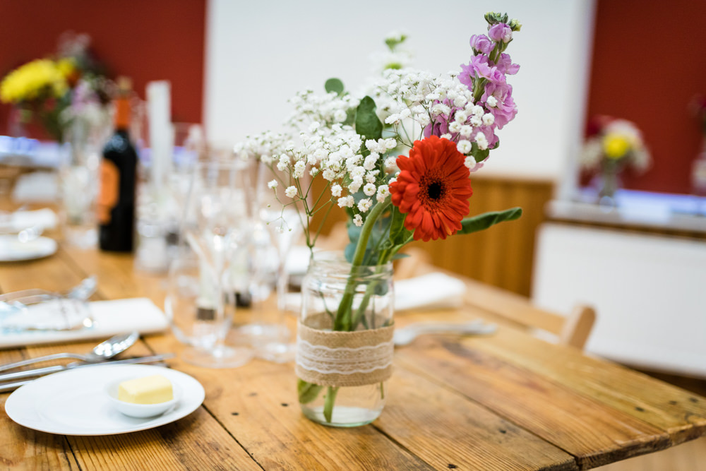 Jar Flowers Hessian Lace Swaffham Prior Village Hall Wedding Him and Her Wedding Photography