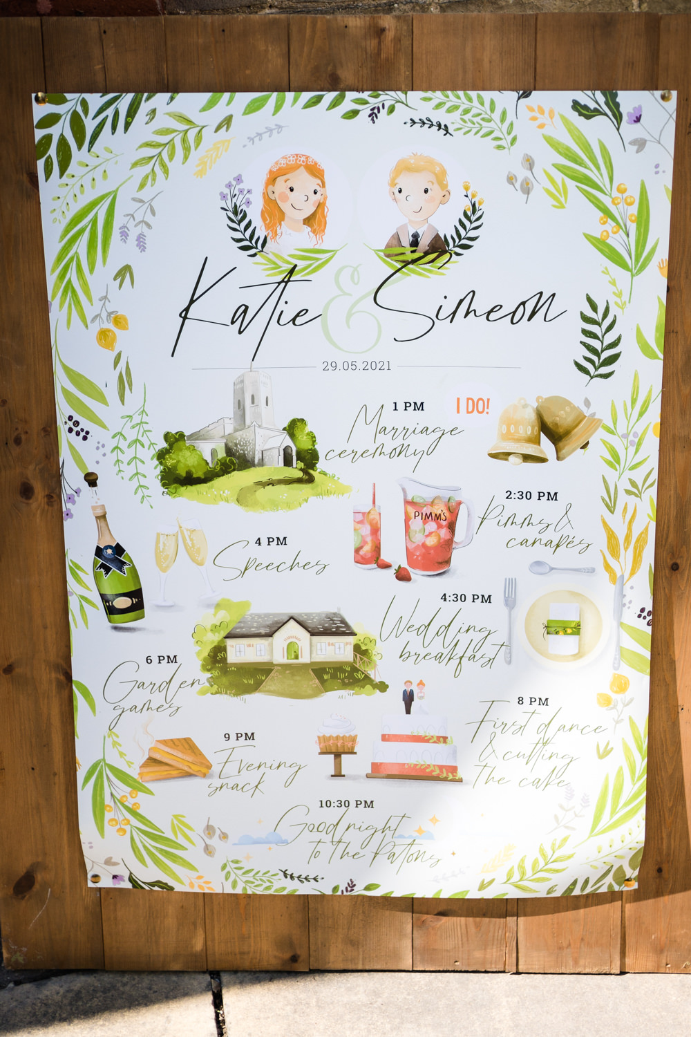 Painted Illustated Order of the Day Swaffham Prior Village Hall Wedding Him and Her Wedding Photography