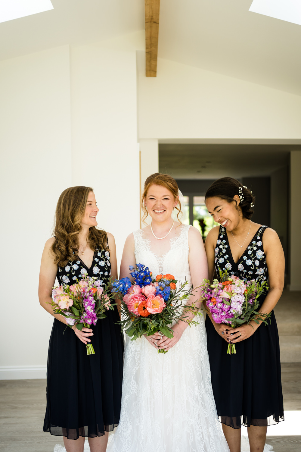 Bridesmaids Black Floral Dresses Swaffham Prior Village Hall Wedding Him and Her Wedding Photography