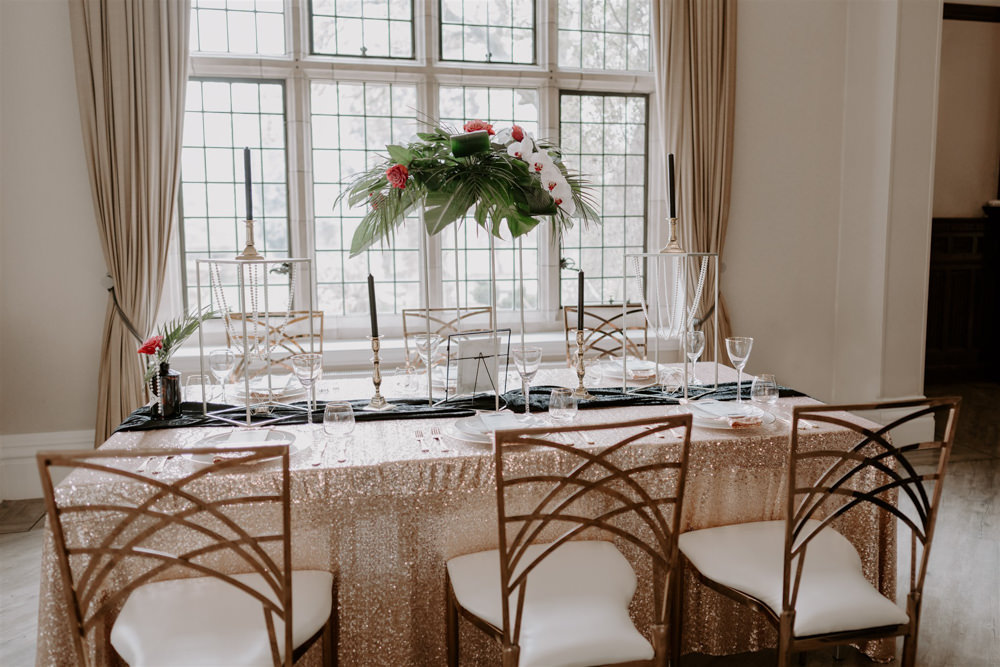 Table Decor Gold Sequin Tablecloth Tall Flowers 1920s Wedding Ideas Gina Fernandes Photography