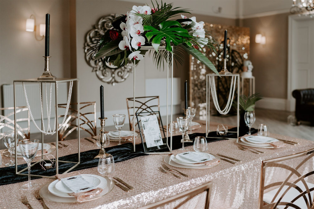 Table Decor Gold Sequin Tablecloth Tall Flowers 1920s Wedding Ideas Gina Fernandes Photography