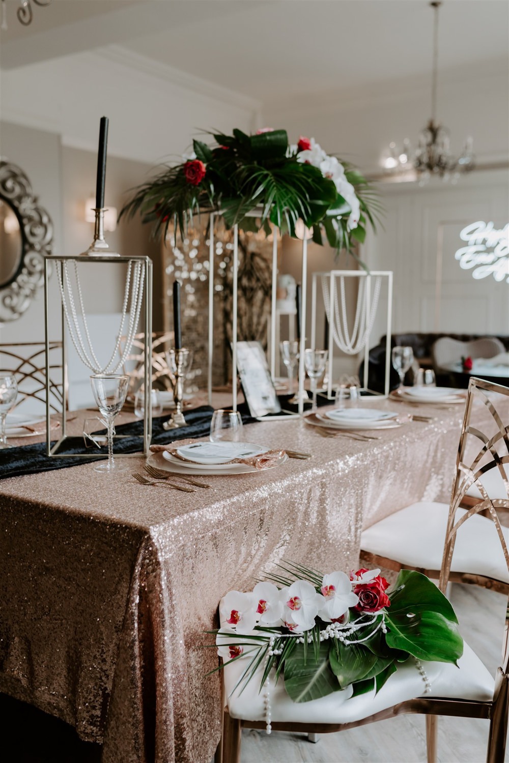Table Decor Gold Sequin Tablecloth Tall Flowers 1920s Wedding Ideas Gina Fernandes Photography