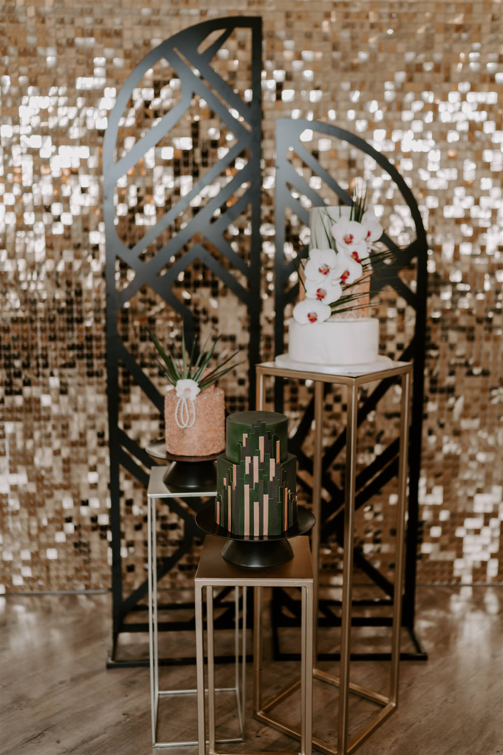 Art Deco Sequin Wall Gold Cake Table 1920s Wedding Ideas Gina Fernandes Photography
