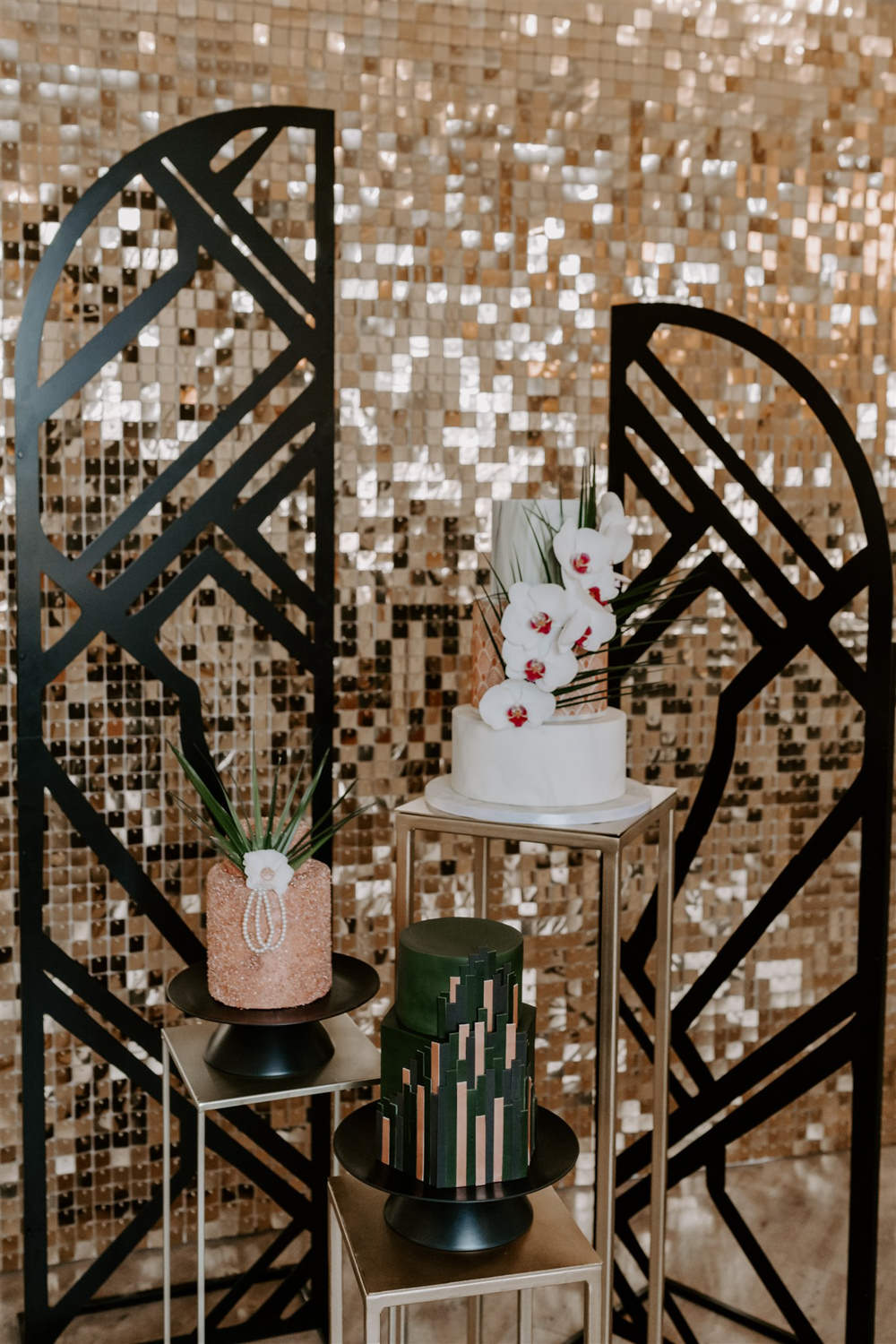 Art Deco Sequin Wall Gold Cake Table 1920s Wedding Ideas Gina Fernandes Photography