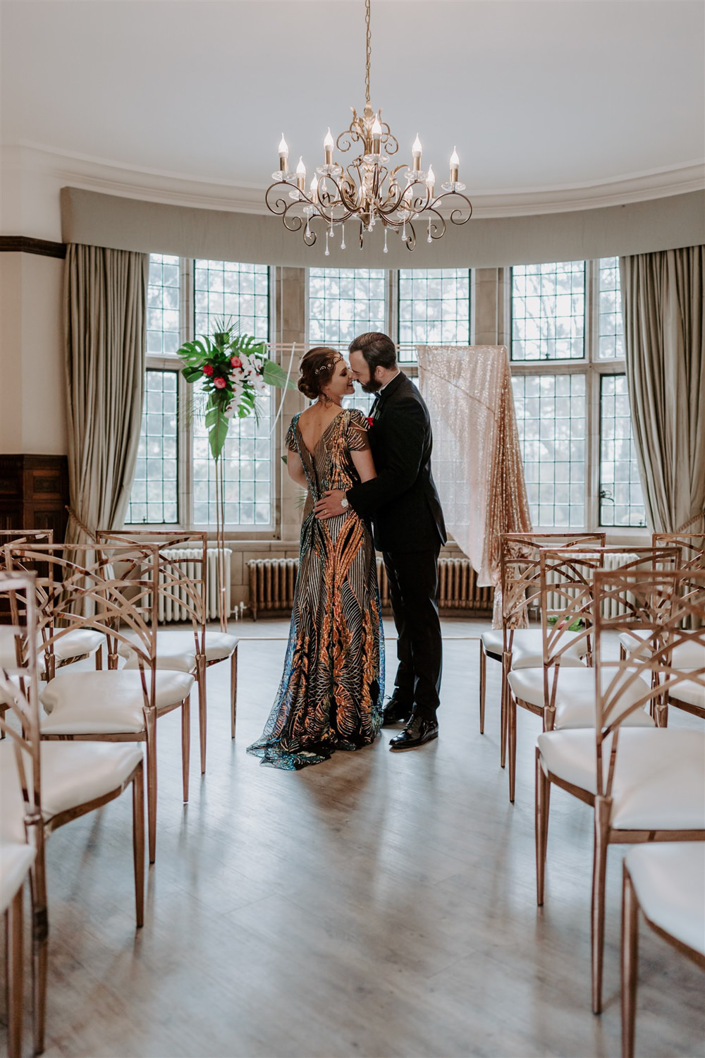 Ceremony Arch Backdrop Gold Sequins Flowers 1920s Wedding Ideas Gina Fernandes Photography