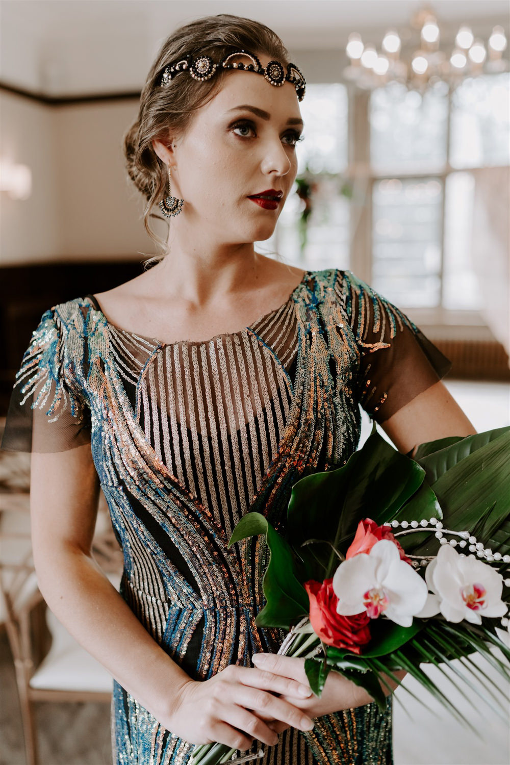 Bouquet Orchid Palm Leaf Dress Gown Bride Bridal Green Gold Art Deco Sequin 1920s Wedding Ideas Gina Fernandes Photography