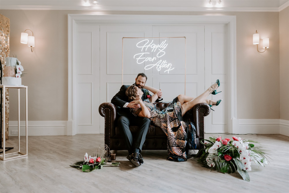 1920s Wedding Ideas Gina Fernandes Photography Sofa Seating Neon Sign