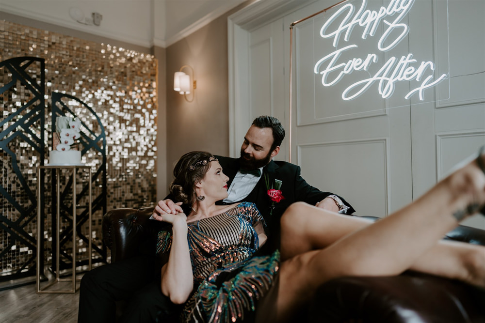 Sofa Seating Neon Sign 1920s Wedding Ideas Gina Fernandes Photography