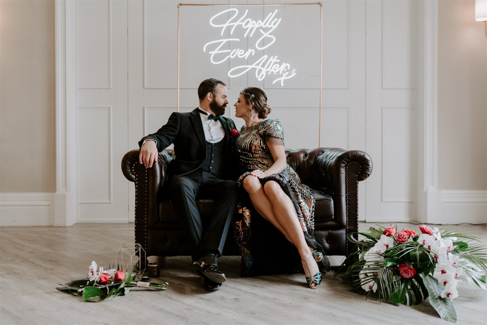 1920s Wedding Ideas Gina Fernandes Photography Sofa Seating Neon Sign