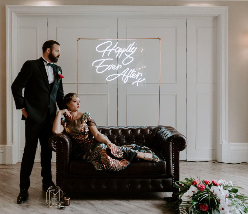 1920s Wedding Ideas Gina Fernandes Photography Sofa Seating Neon Sign