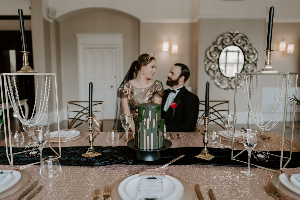 Table Decor Gold Sequin Tablecloth Tall Flowers 1920s Wedding Ideas Gina Fernandes Photography