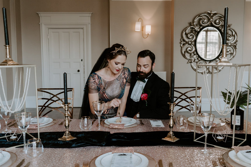 Table Decor Gold Sequin Tablecloth Tall Flowers 1920s Wedding Ideas Gina Fernandes Photography