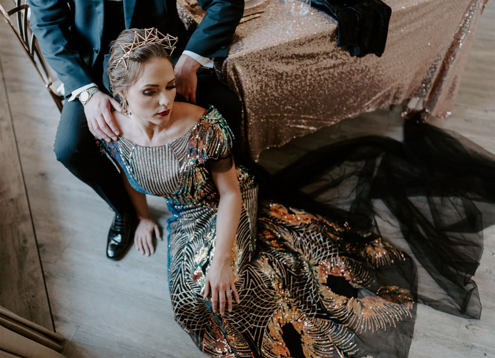 Dress Gown Bride Bridal Green Gold Art Deco Sequin 1920s Wedding Ideas Gina Fernandes Photography