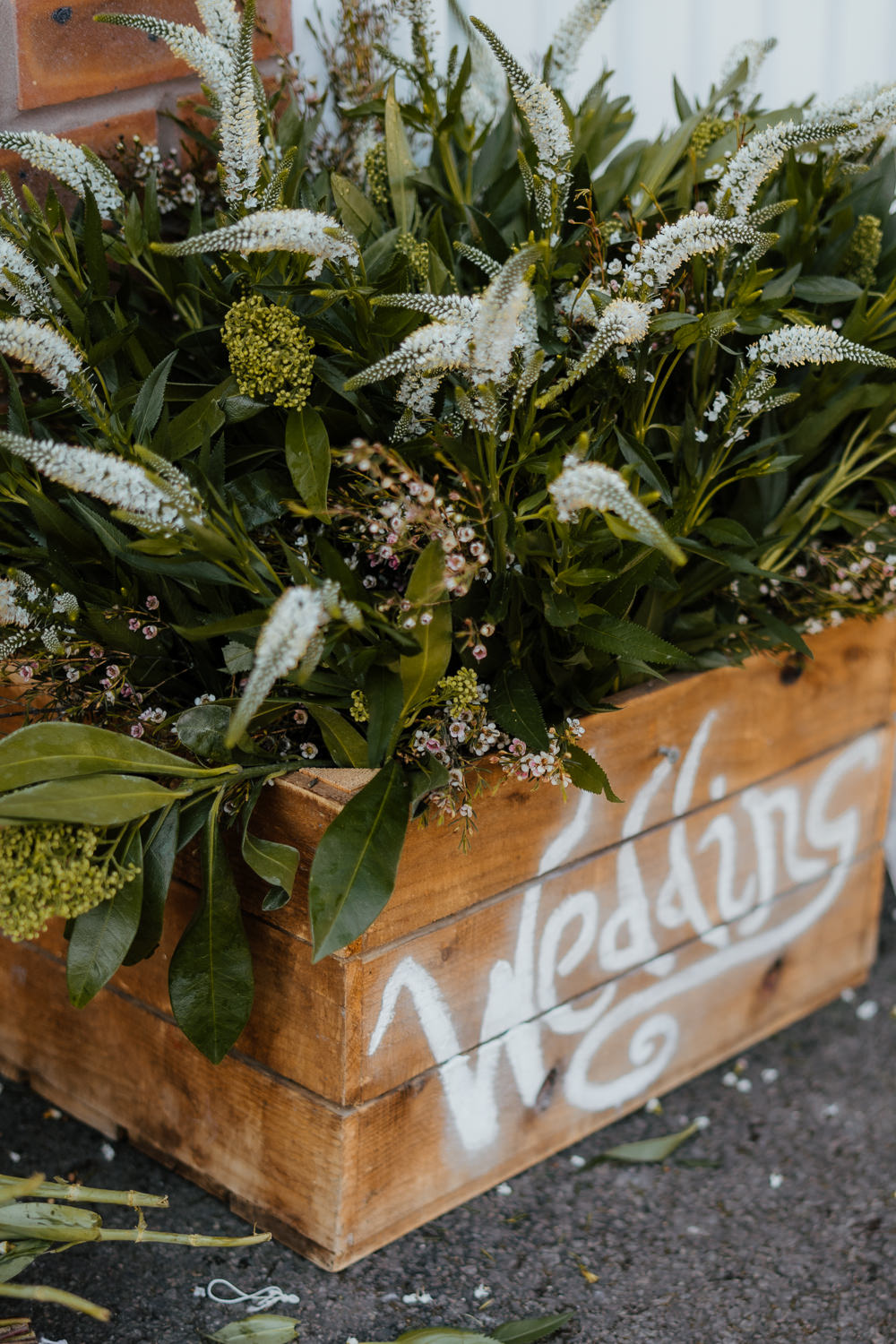 Wooden Box Flowers Greenery Afternoon Tea Wedding Beans On Toast For Two