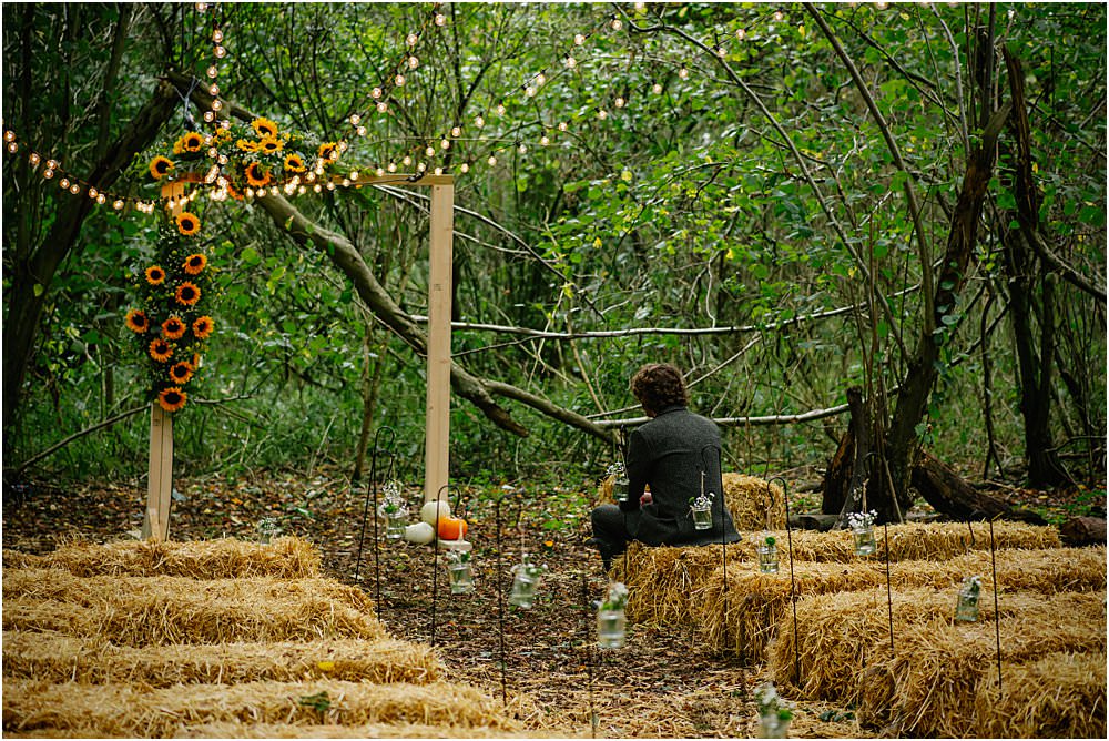Woodland Ceremony Sunflowers Fairy Lights Hay Bales Athelington Hall Wedding Lily Sawyer Photography