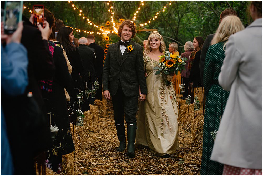 Athelington Hall Wedding Lily Sawyer Photography Woodland Ceremony Sunflowers Fairy Lights Hay Bales