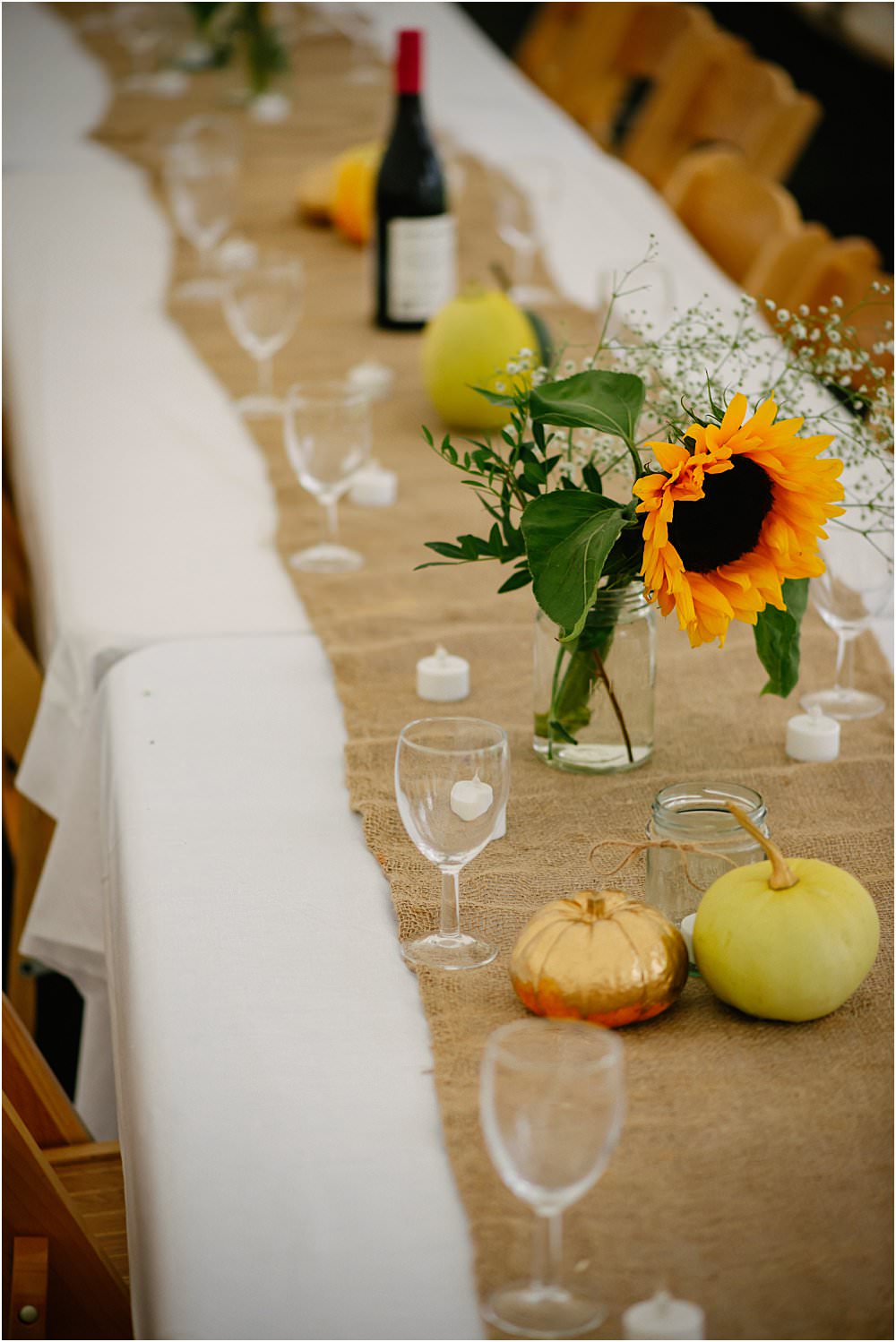 Table Tablescape Hessian Runner Pumpkins Sunflowers Athelington Hall Wedding Lily Sawyer Photography