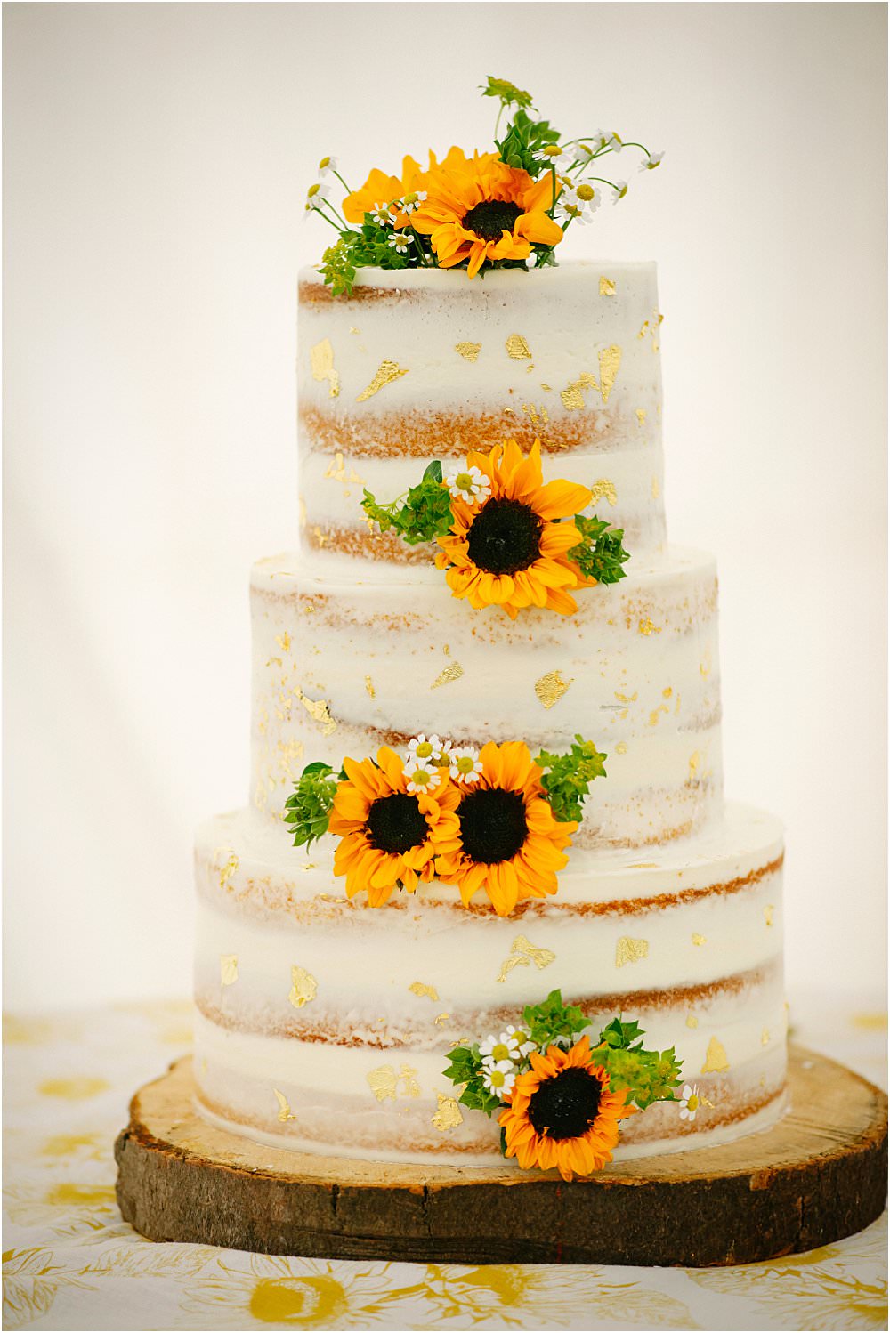 Semi Naked Cake Three Tier Sunflowers Log Slice Athelington Hall Wedding Lily Sawyer Photography