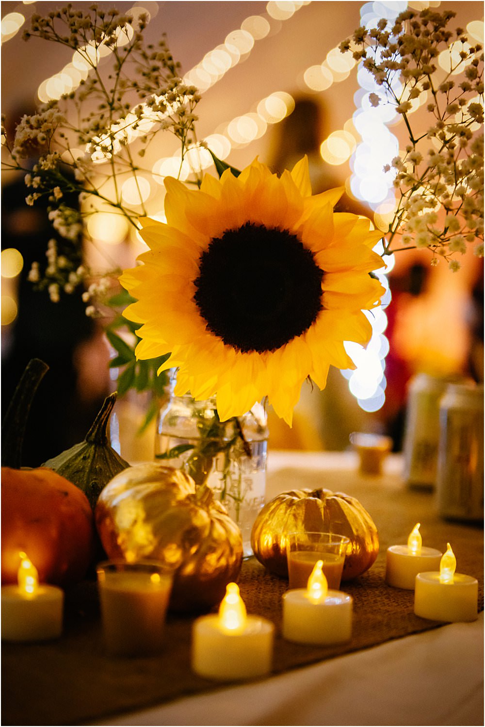 Table Tablescape Hessian Runner Pumpkins Sunflowers Candles Athelington Hall Wedding Lily Sawyer Photography