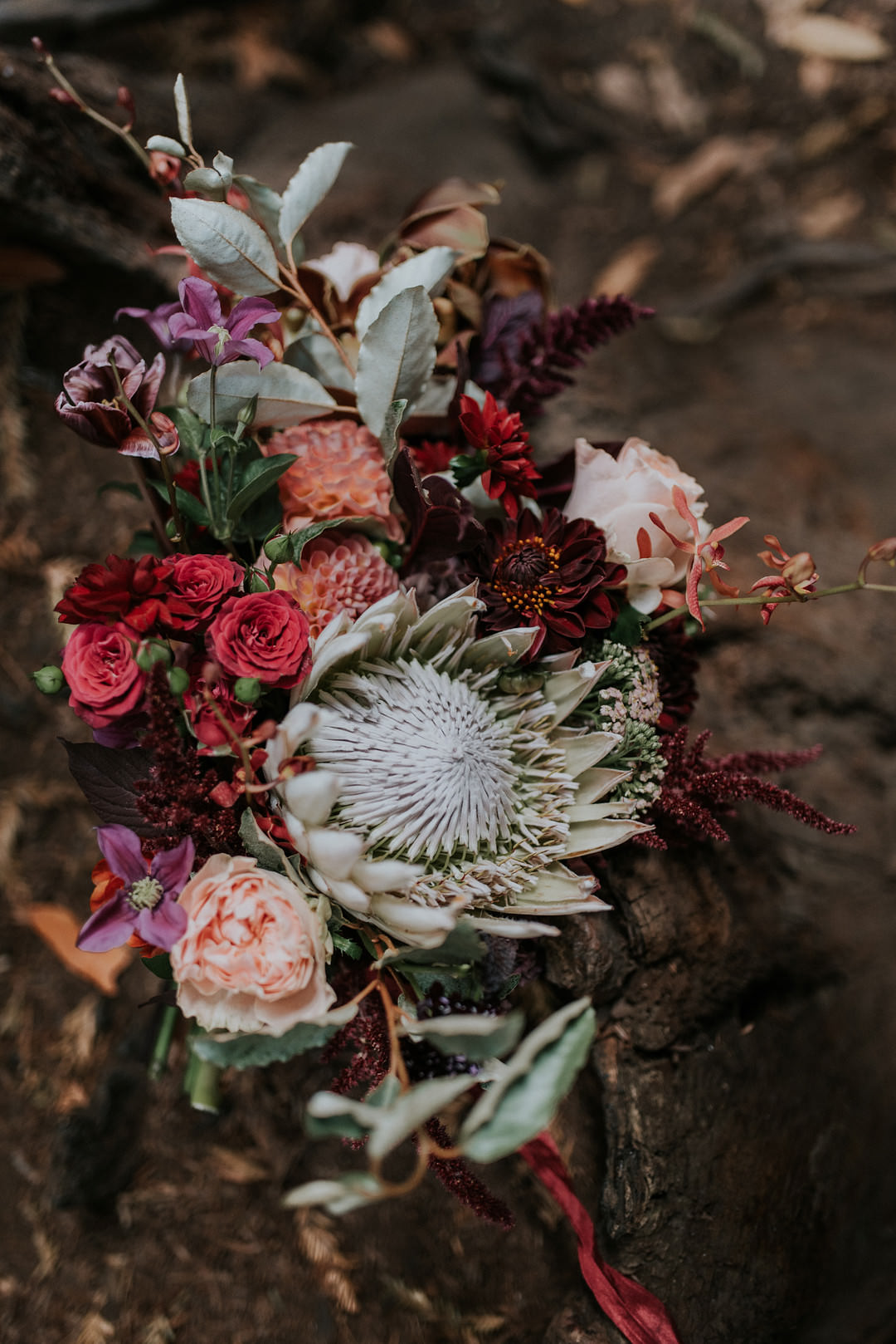 Bouquet Flowers Bride Bridal Pink Burgundy Protea Big Sur Elopement Heather K Purdy